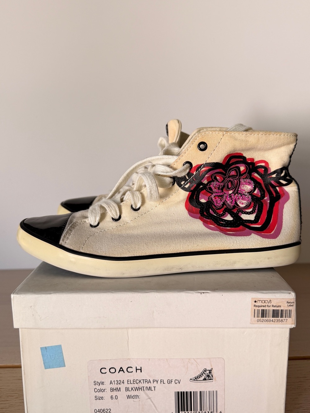 Coach Kids High-Top Sneakers in White with Pink and Black Floral Graphic